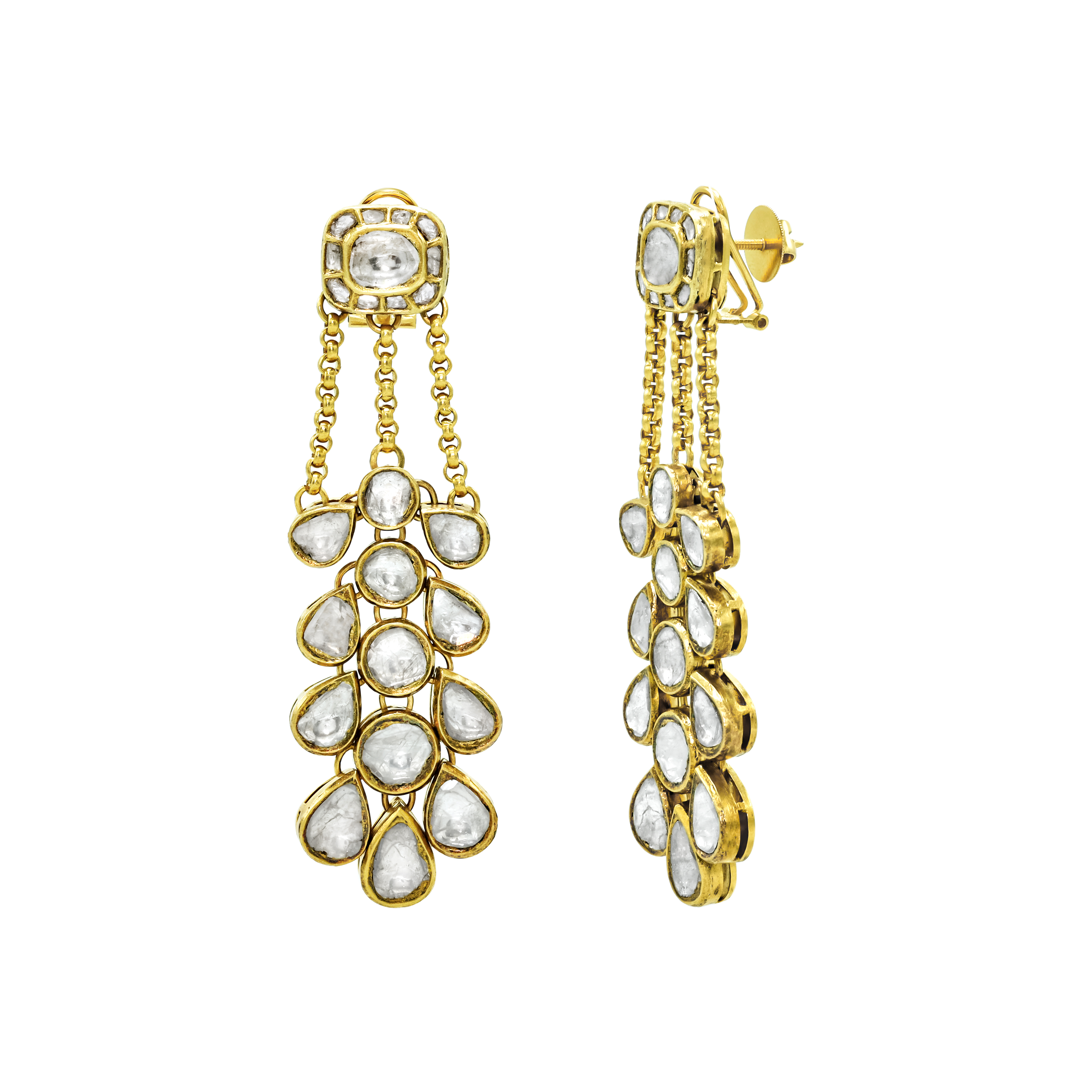 Cascading Polki Earrings with Teardrop Rows and Chain Links